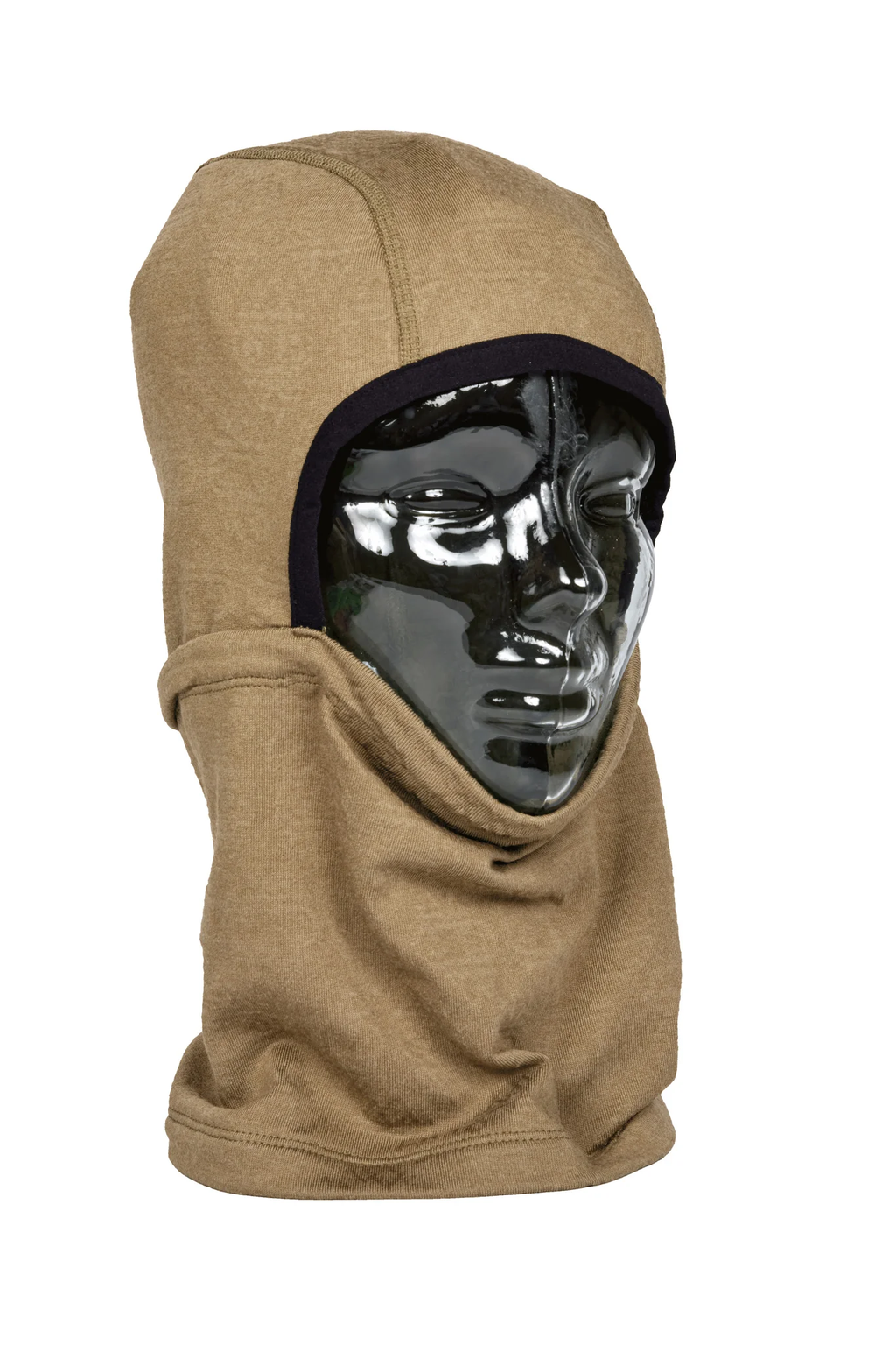 Brown balaclava with a metallic face mask on a white background