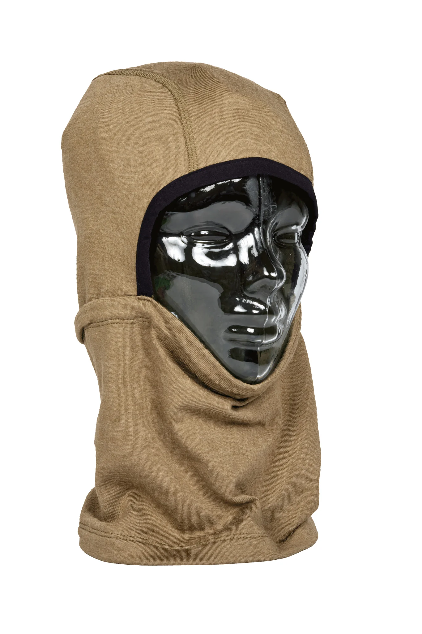 Brown balaclava with a metallic face mask on a white background