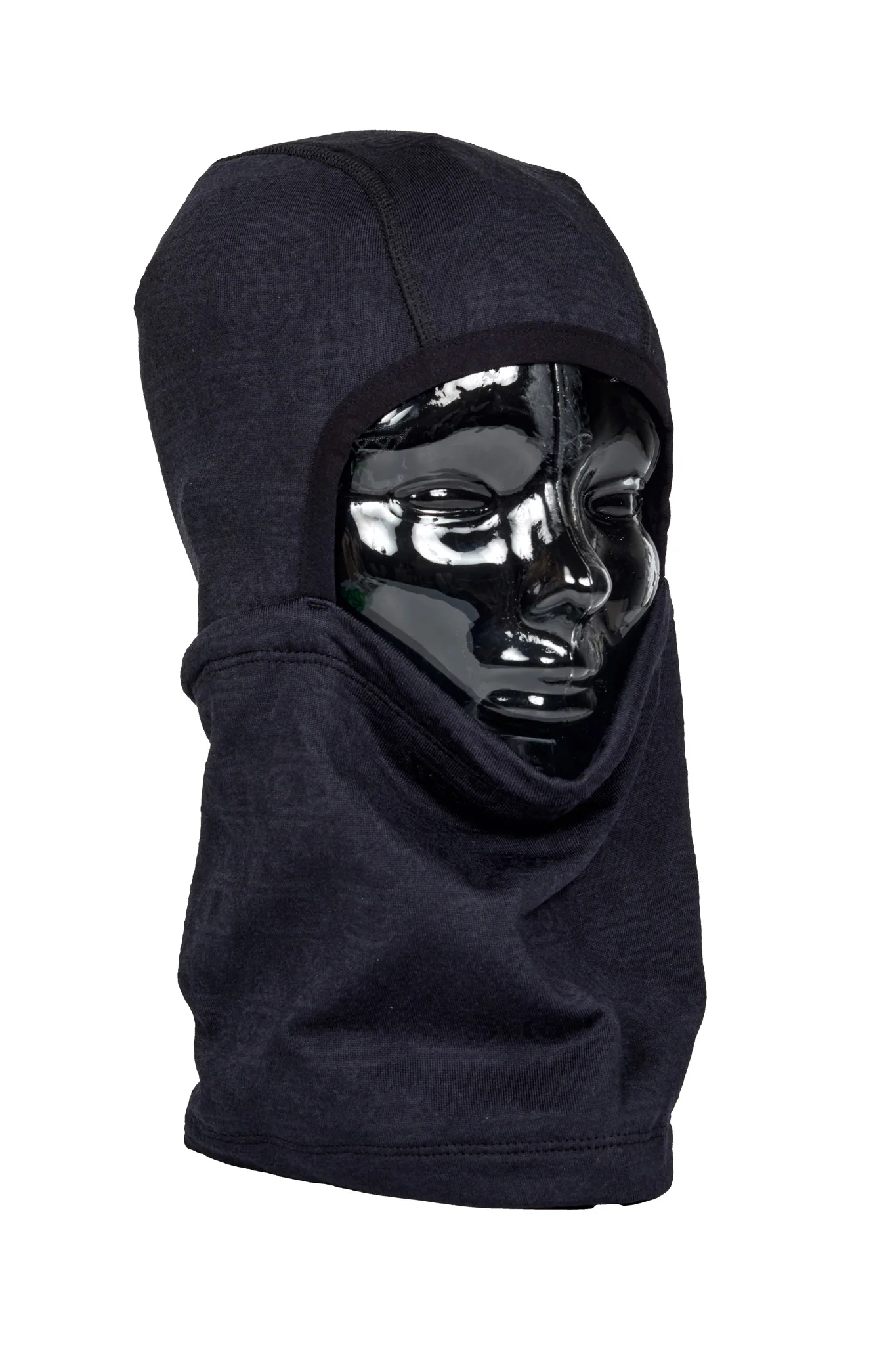 Black balaclava with reflective face design on a white background