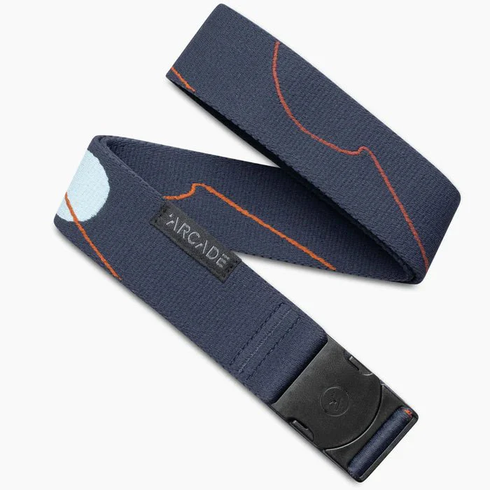 Navy blue belt with orange stitching and black buckle on a white background