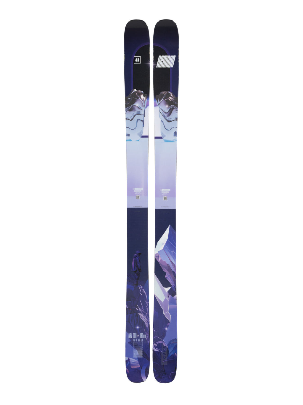 Pair of skis with a blue and purple design on a white background
