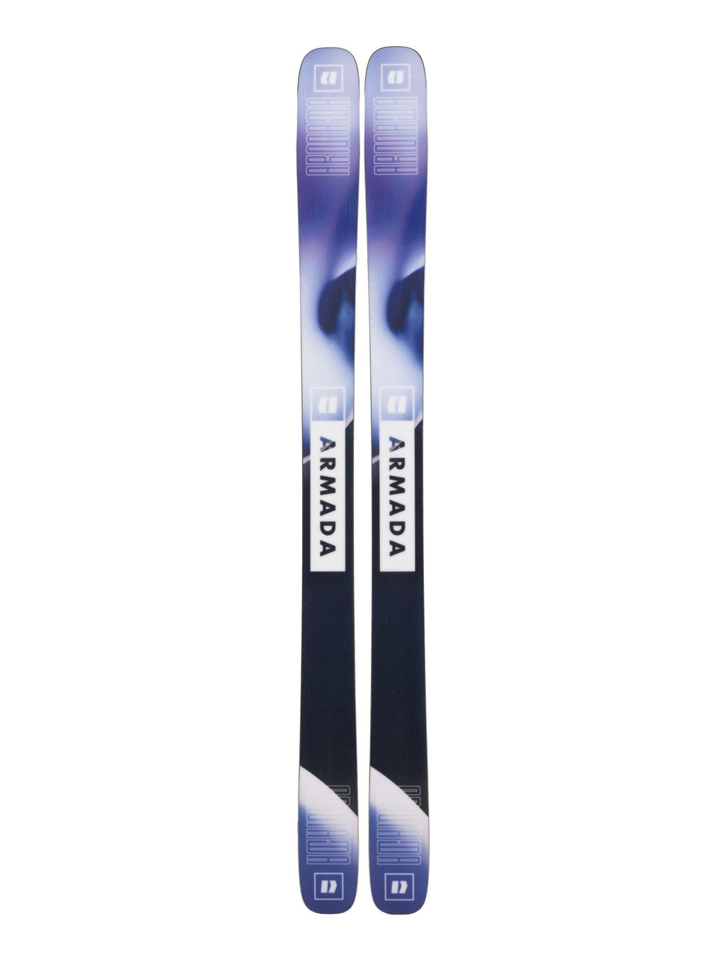 Two skis with a blue and white design on a white background