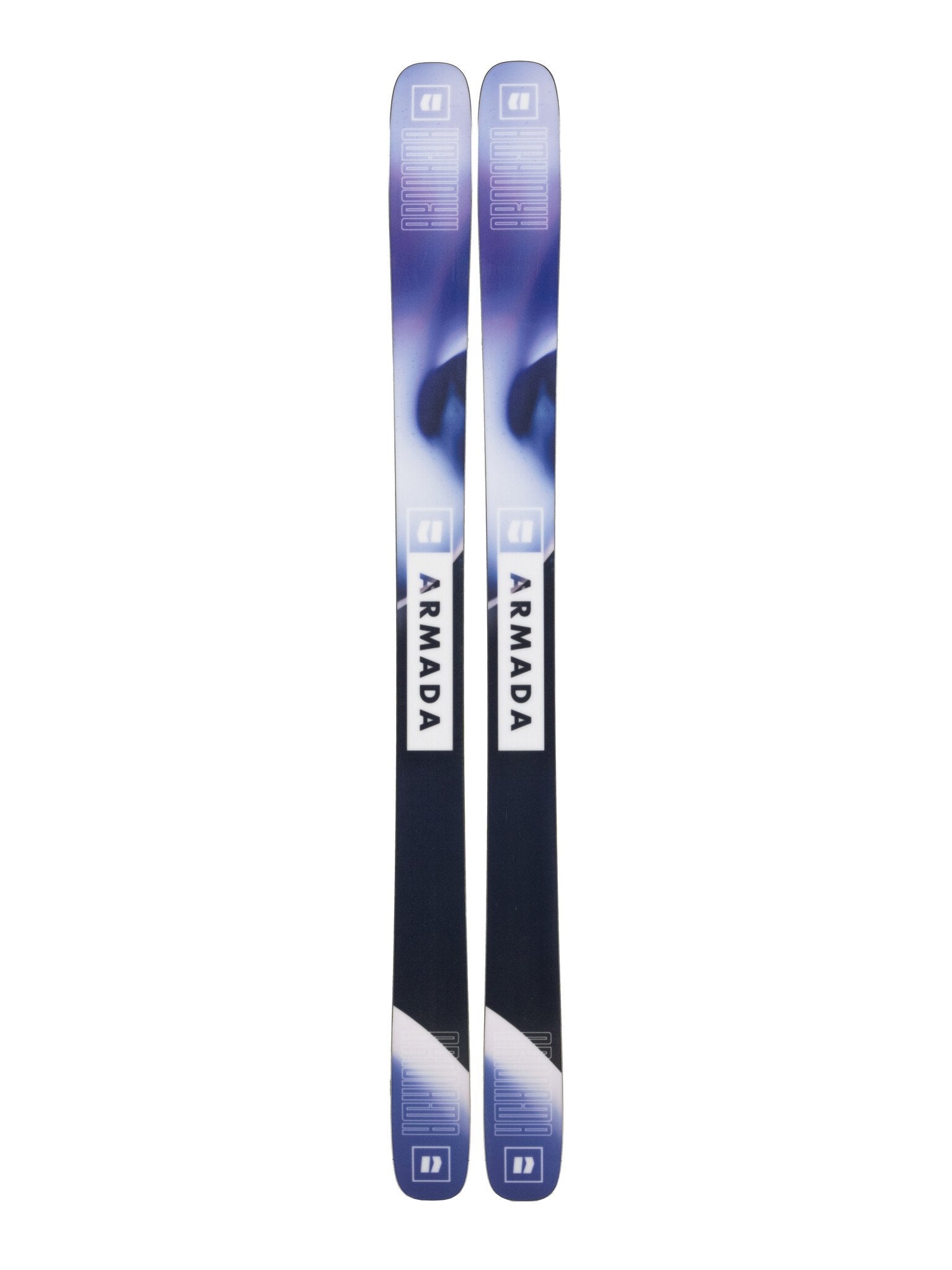 Two skis with a blue and white design on a white background