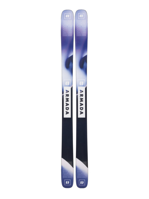 Two skis with a blue and white design on a white background
