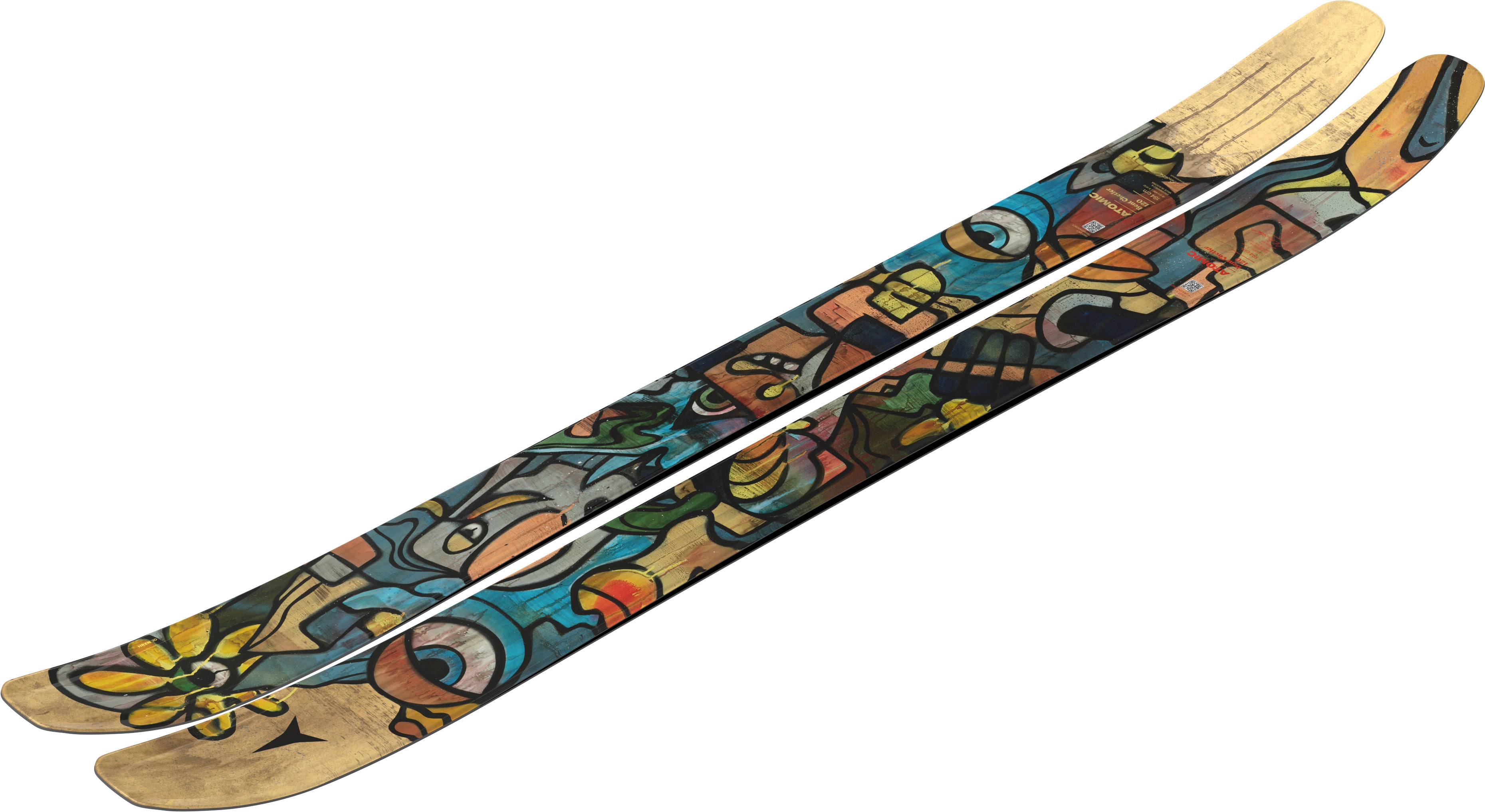 Colorful skis with artistic design on a white background
