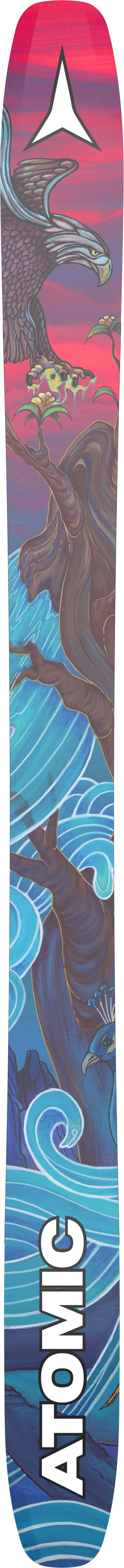 Skis with a colorful design and 'Atomic' branding on a white background
