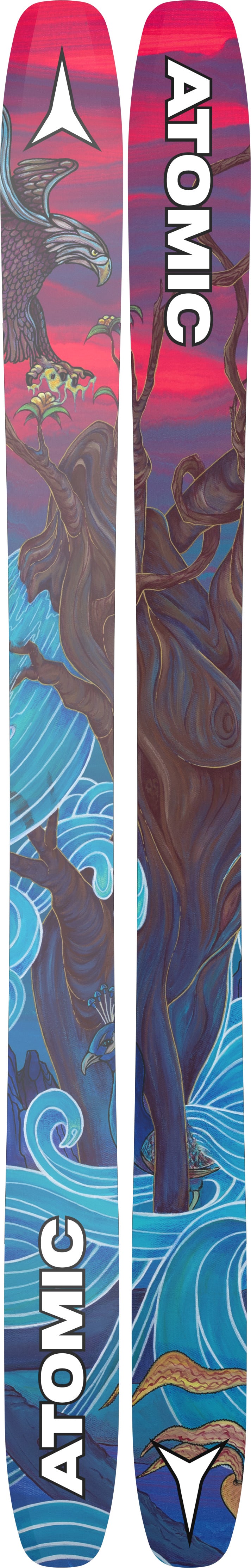 Two skis with colorful design and 'Atomic' branding on a white background
