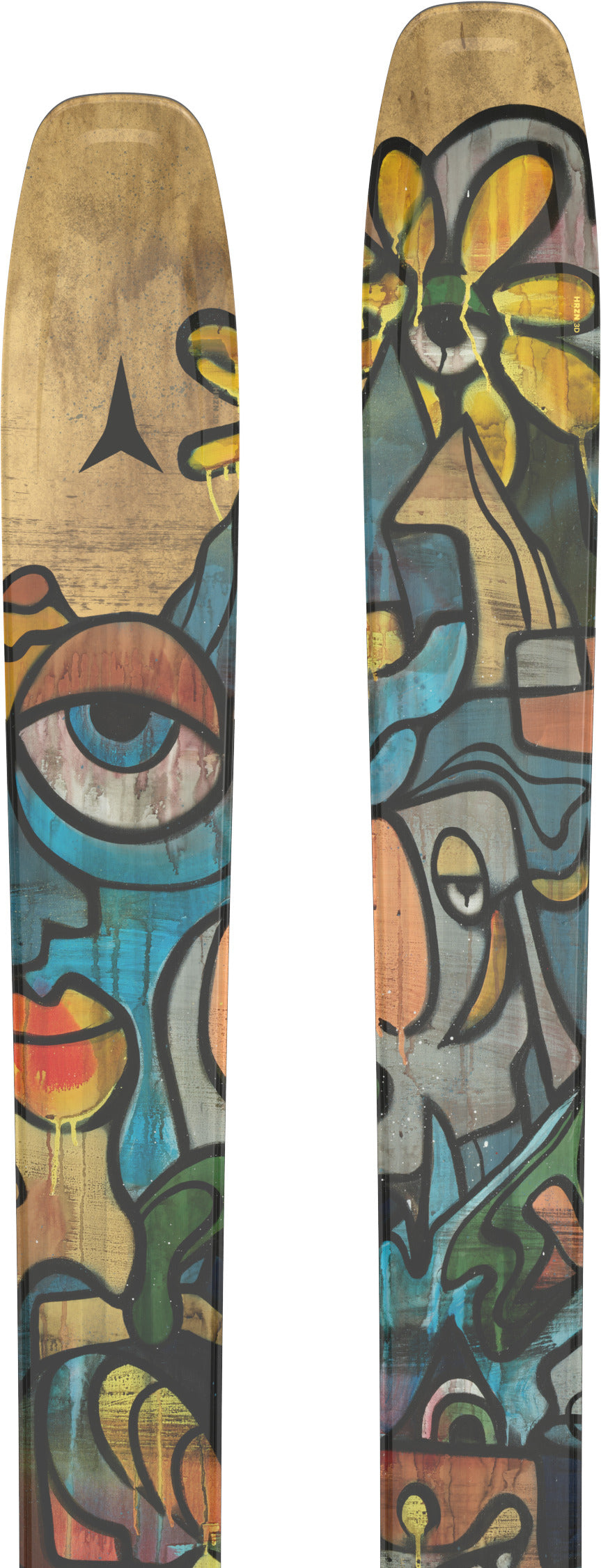 Ski with abstract art design featuring a face and flowers.