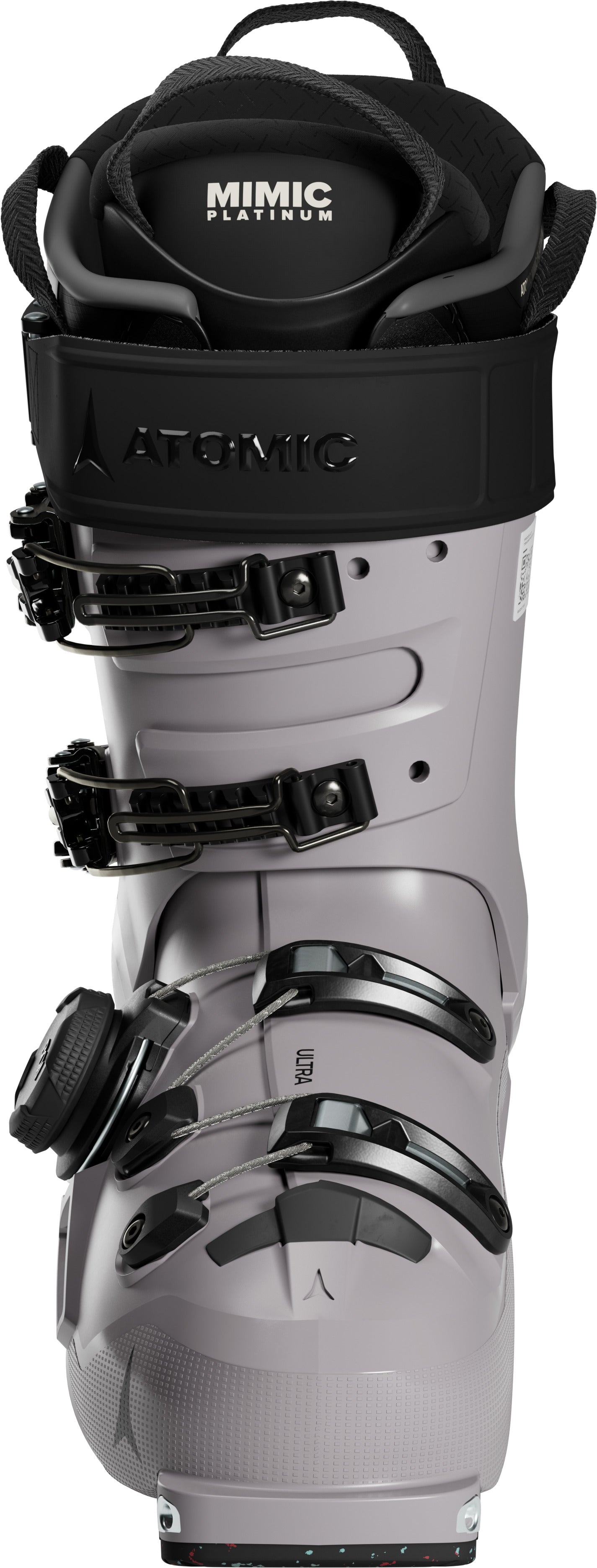 Gray ski boot with black accents and 'Atomic' branding on a white background