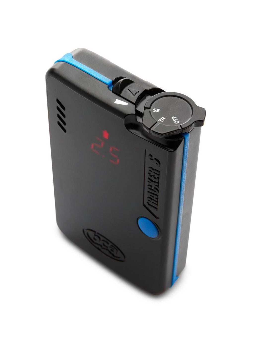 Black and blue electronic device with digital display on a white background