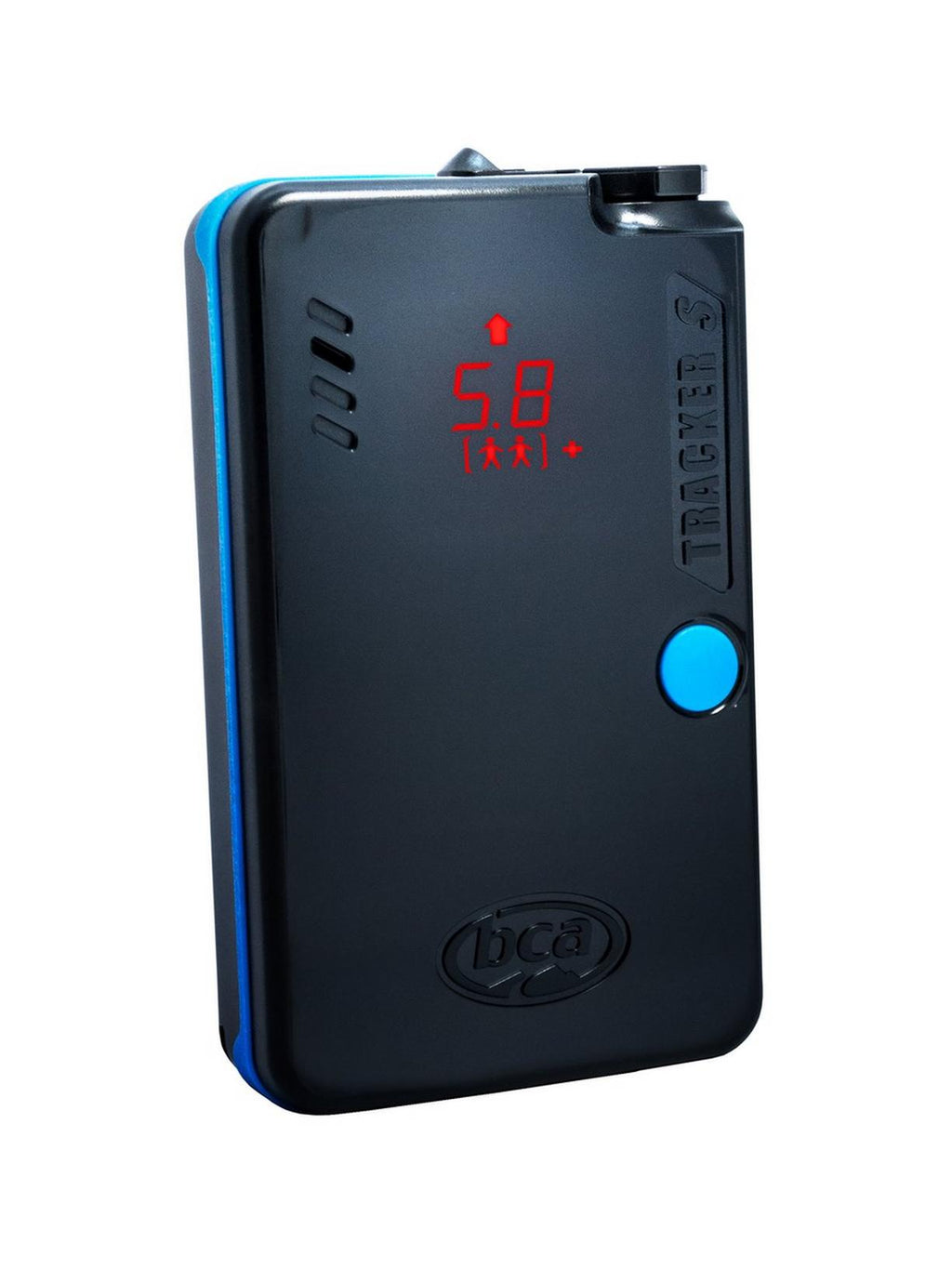 Black electronic device with digital display and blue accents on a white background