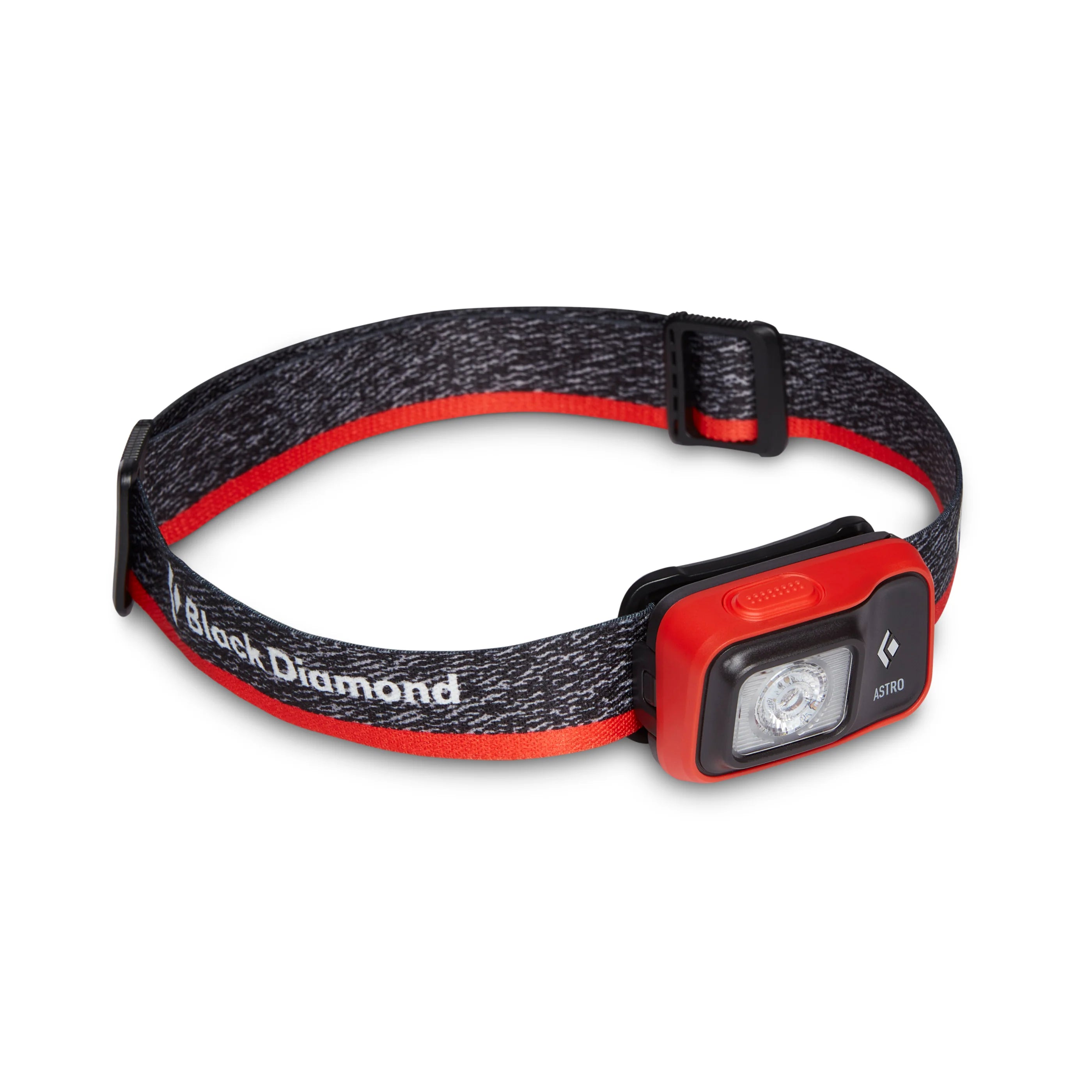 Black Diamond headlamp with red and gray strap on a white background