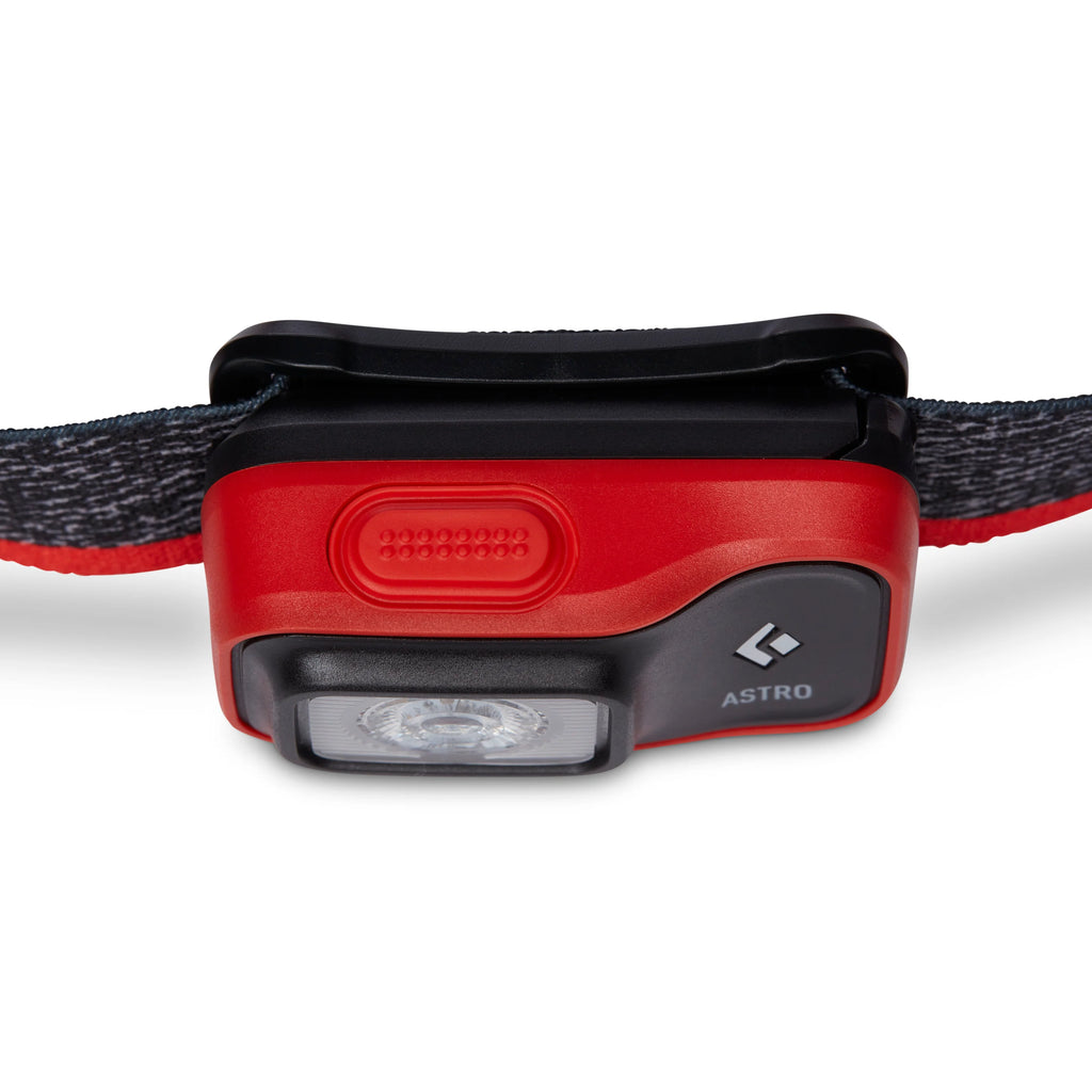 Red and black headlamp with Astro branding on a white background