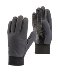Pair of gray gloves with black cuffs on a white background