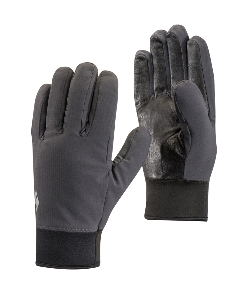 Pair of gray gloves with black cuffs on a white background