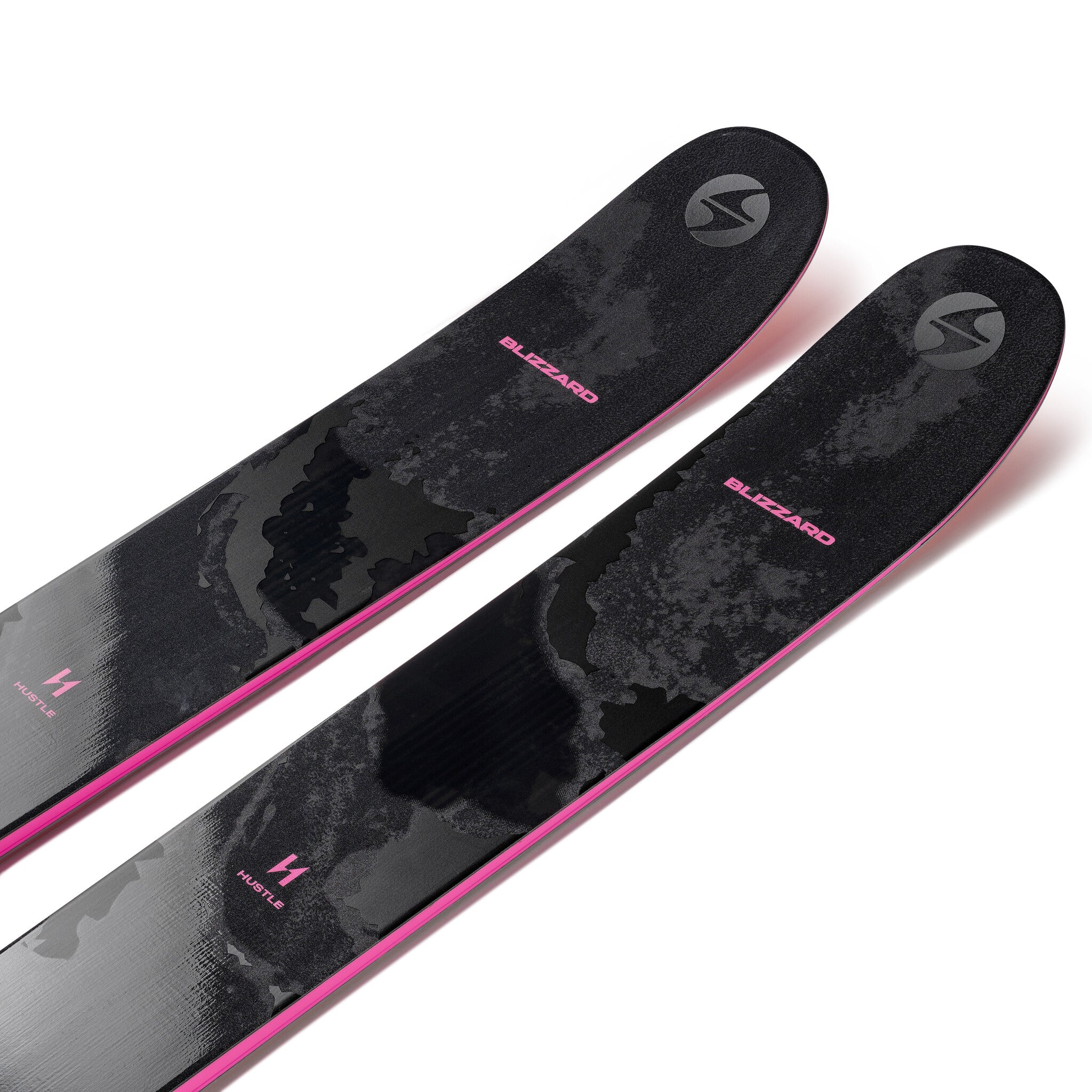 Pair of black and pink skis with a camouflage pattern on a white background