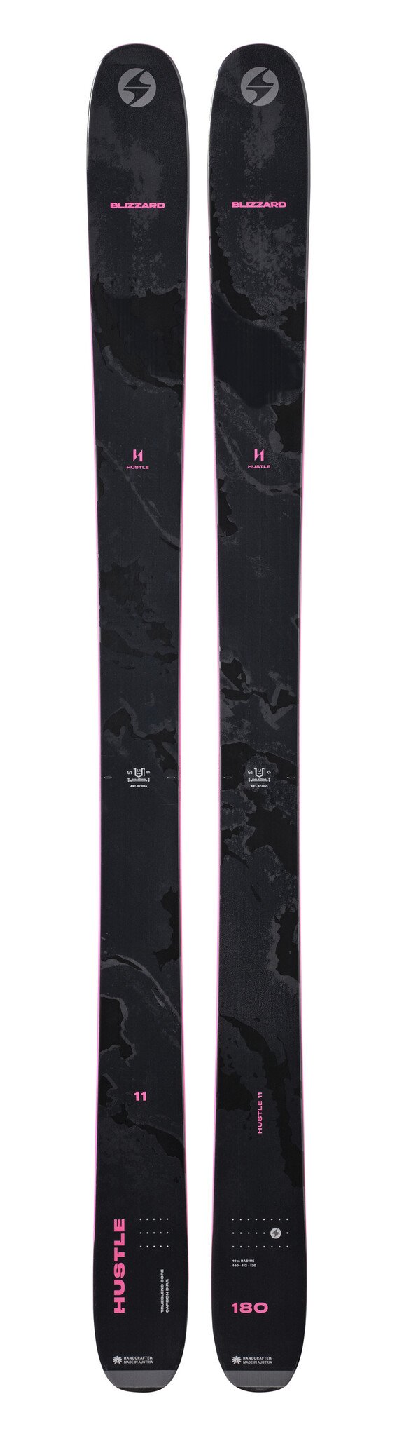 Pair of black skis with visible branding on a white background