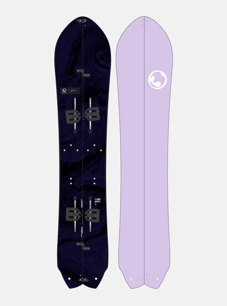 Navy and light purple snowboard with bindings on a white background