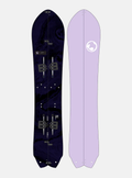 Navy and light purple snowboard with bindings on a white background