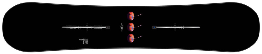 Black snowboard with red and white design on a black background