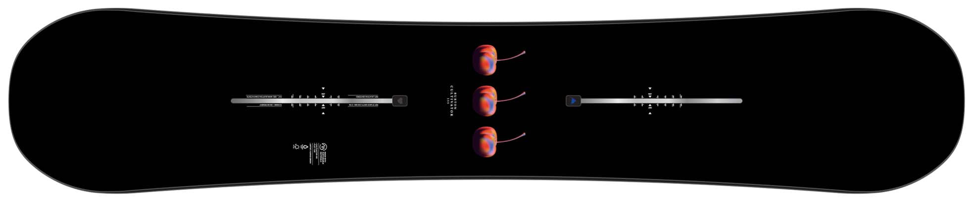 Black snowboard with red and white design on a black background