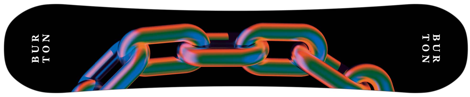 Snowboard with colorful chain design and Burton logo on a black background