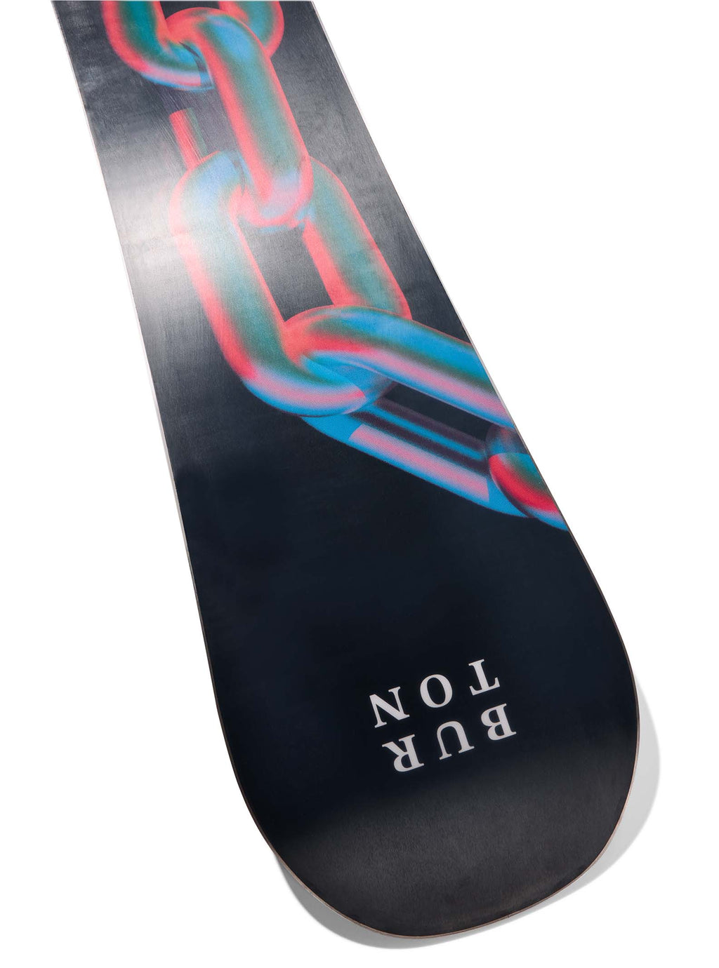 Snowboard with abstract design and 'Burton' branding on a white background