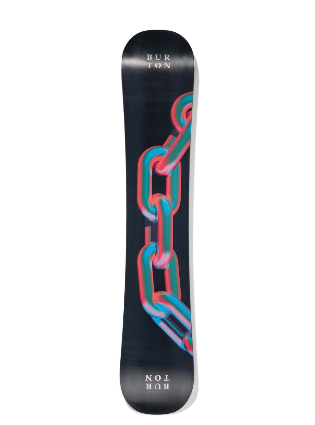 Snowboard with chain design and Burton logo on a white background