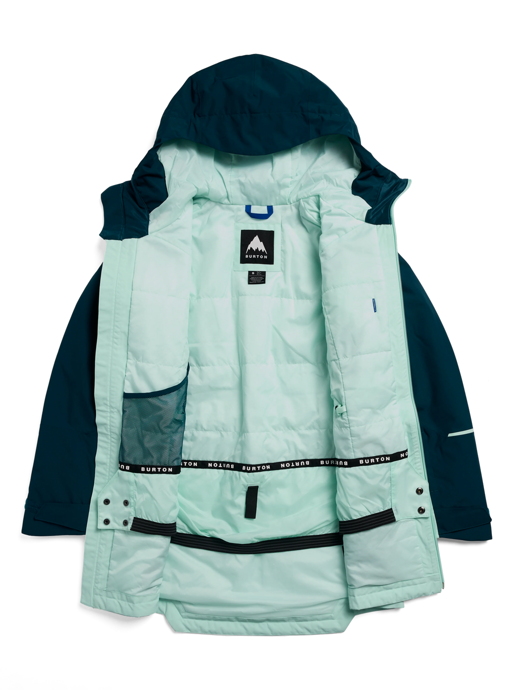 A Burton puffer jacket in mint green and navy blue, shown flat against a white background. The jacket features a hood, quilted puffer body, mesh side pockets, and a black branded waist strap.