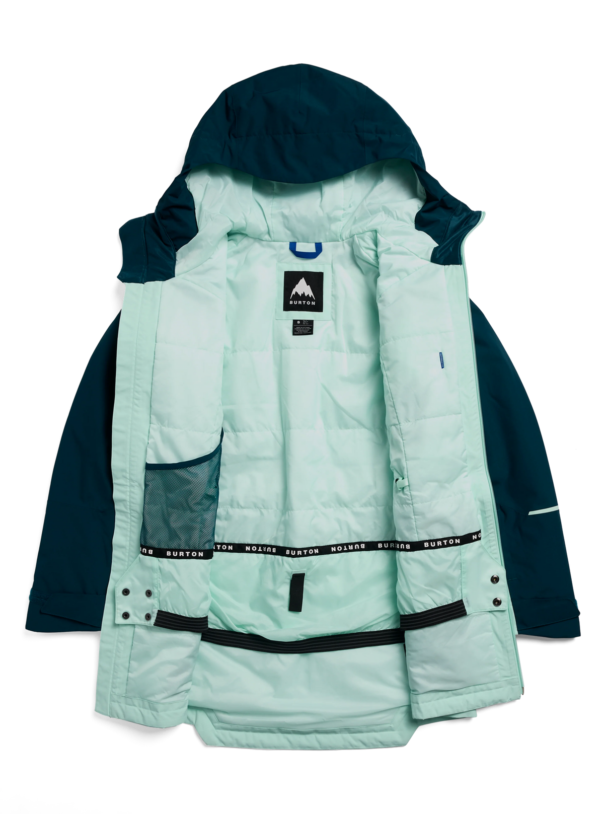 A Burton puffer jacket in mint green and navy blue, shown flat against a white background. The jacket features a hood, quilted puffer body, mesh side pockets, and a black branded waist strap.