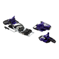 Pair of purple and black ski bindings on a white background