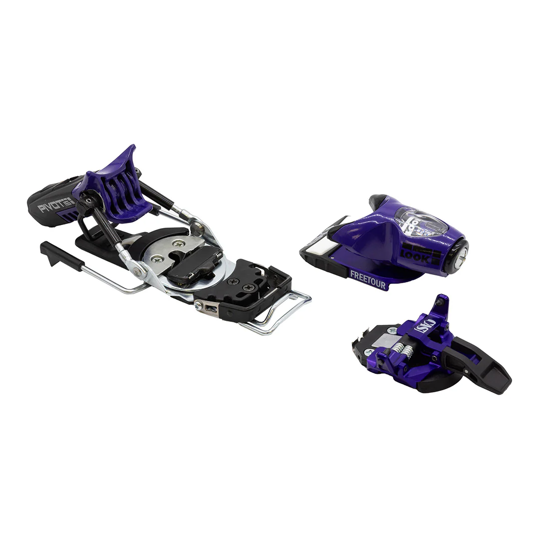 Pair of purple and black ski bindings on a white background
