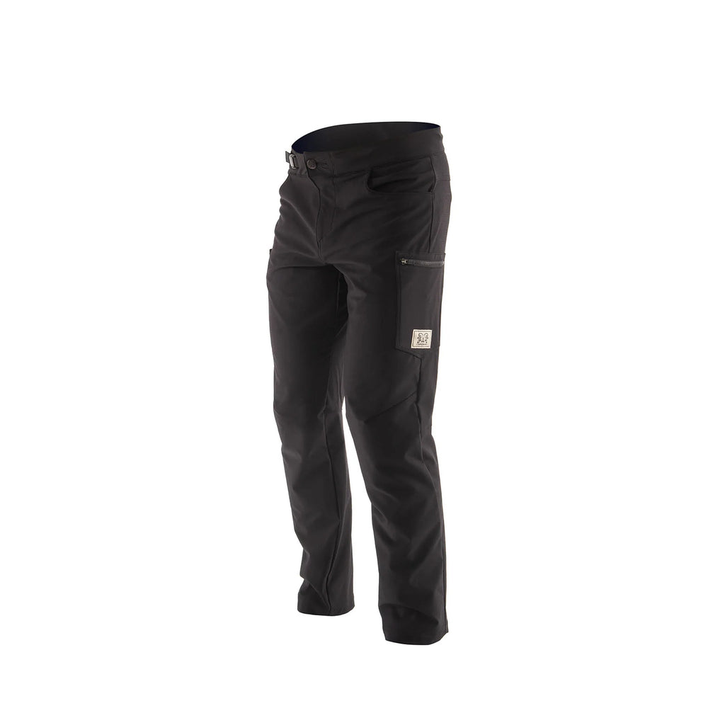 Black technical work pants with a zippered cargo pocket on the left leg and a small square brand patch, shown on a plain white background.