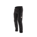 Black technical work pants with a zippered cargo pocket on the left leg and a small square brand patch, shown on a plain white background.