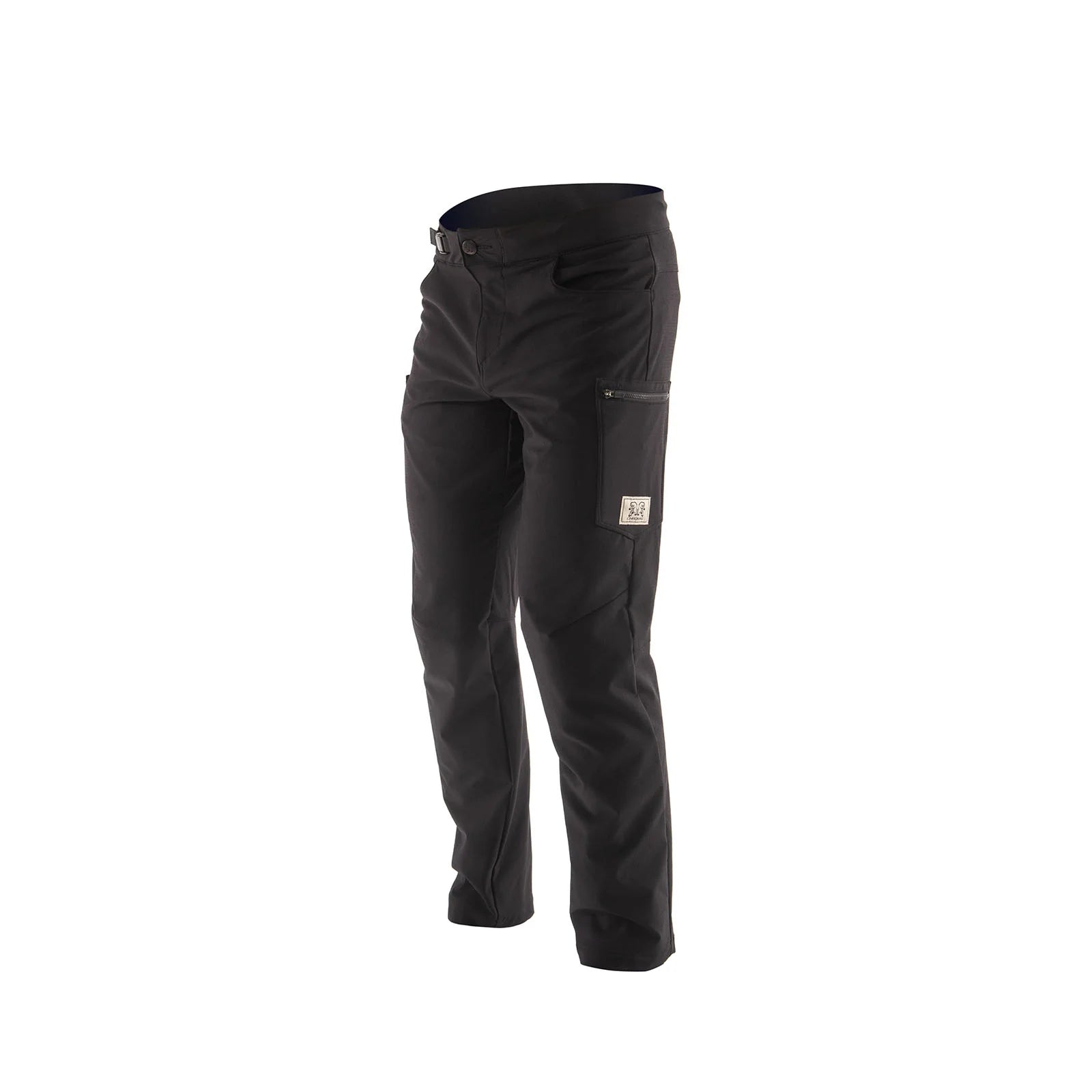 Black technical work pants with a zippered cargo pocket on the left leg and a small square brand patch, shown on a plain white background.