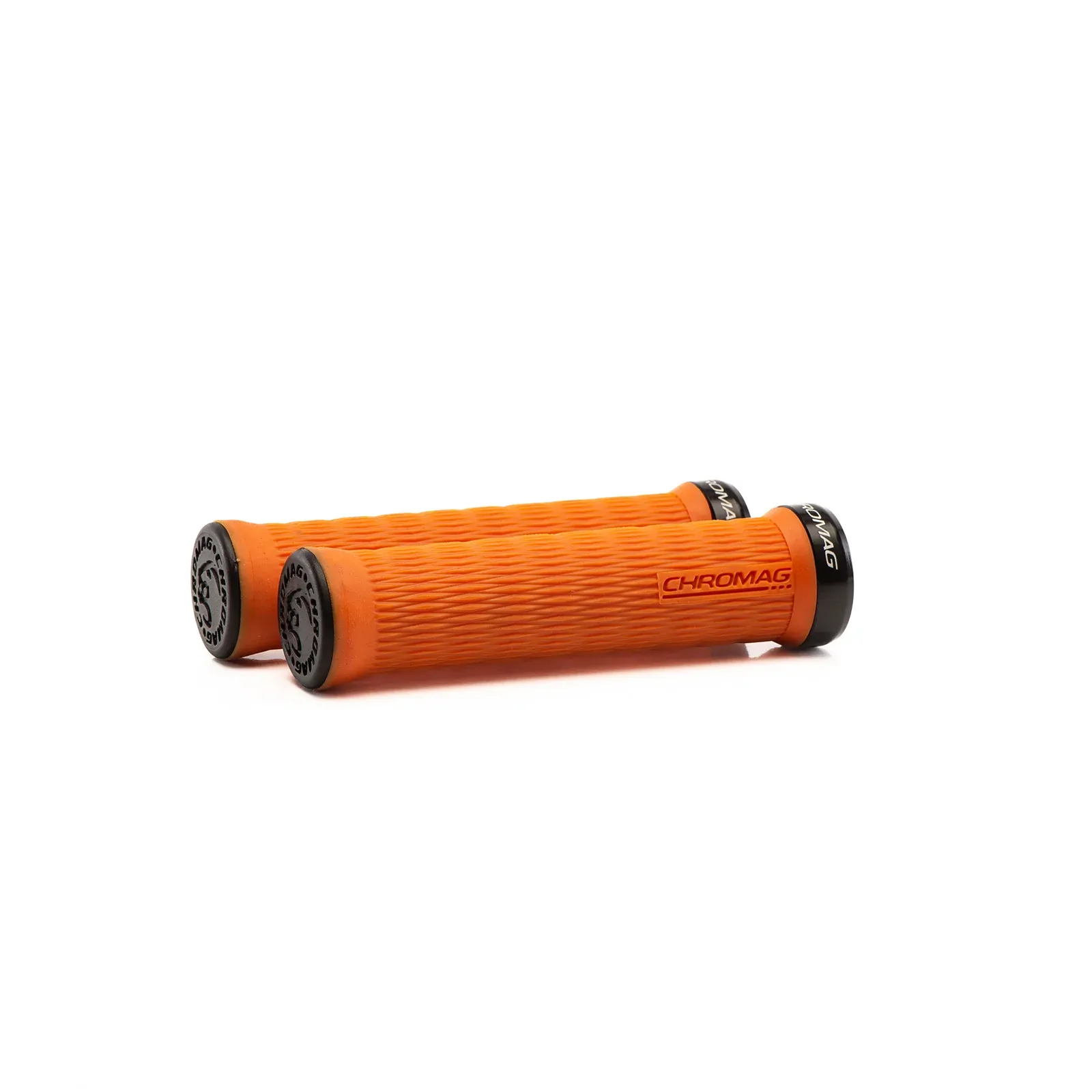 Orange bicycle handlebar grips with black ends on a white background