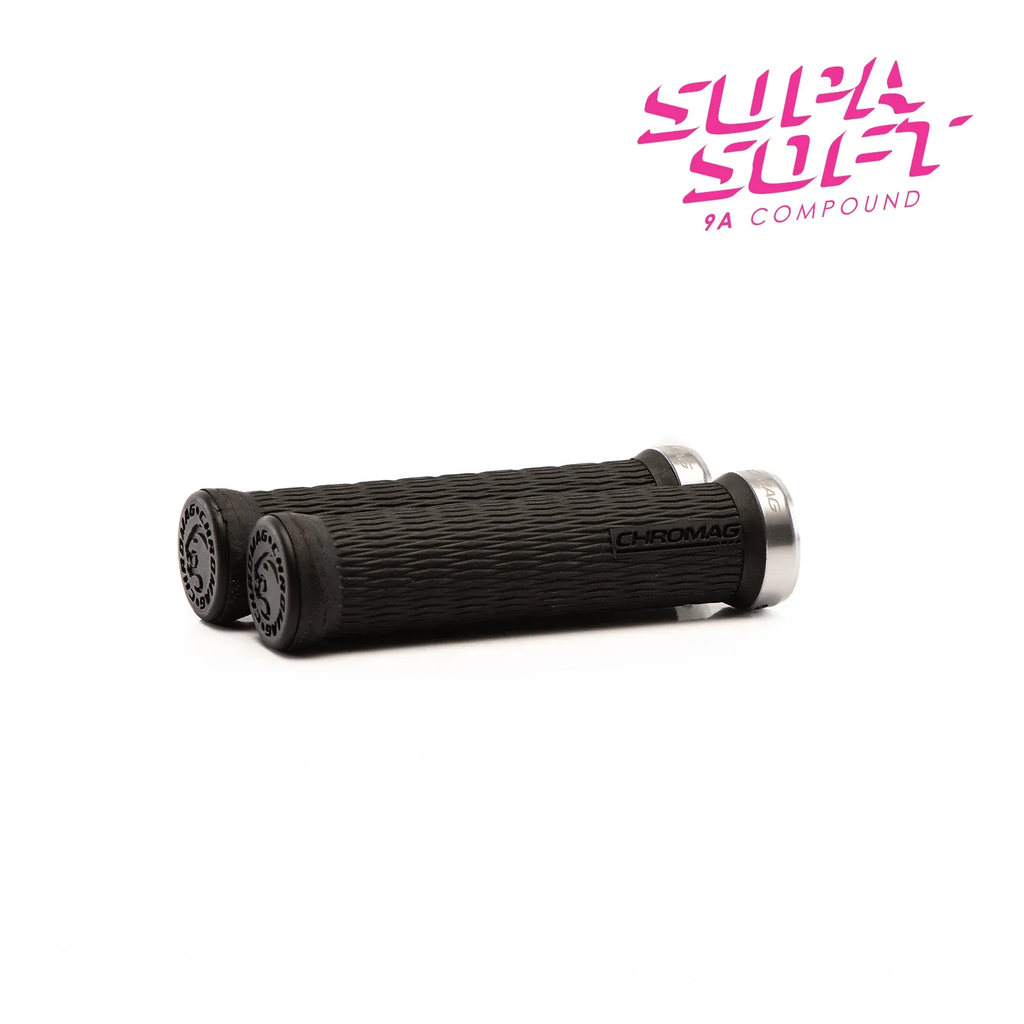 Black handlebar grips with Chromag logo on a white background, featuring 'Sulta Sulta' branding.