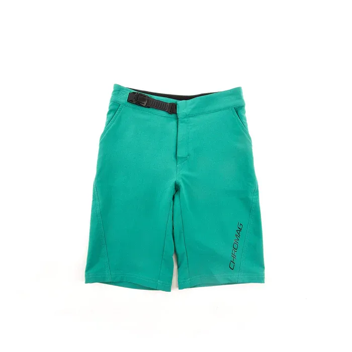 Teal shorts with a brand logo on a white background