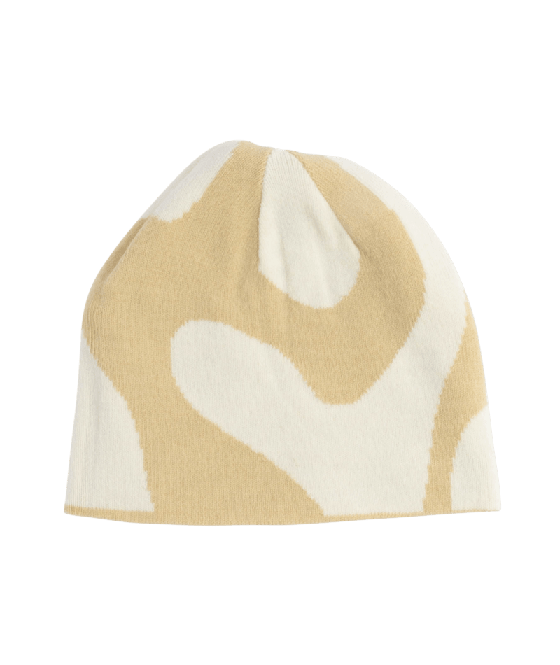 Beige and white patterned beanie on a transparent background