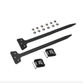 Set of black straps and hardware components on a white background