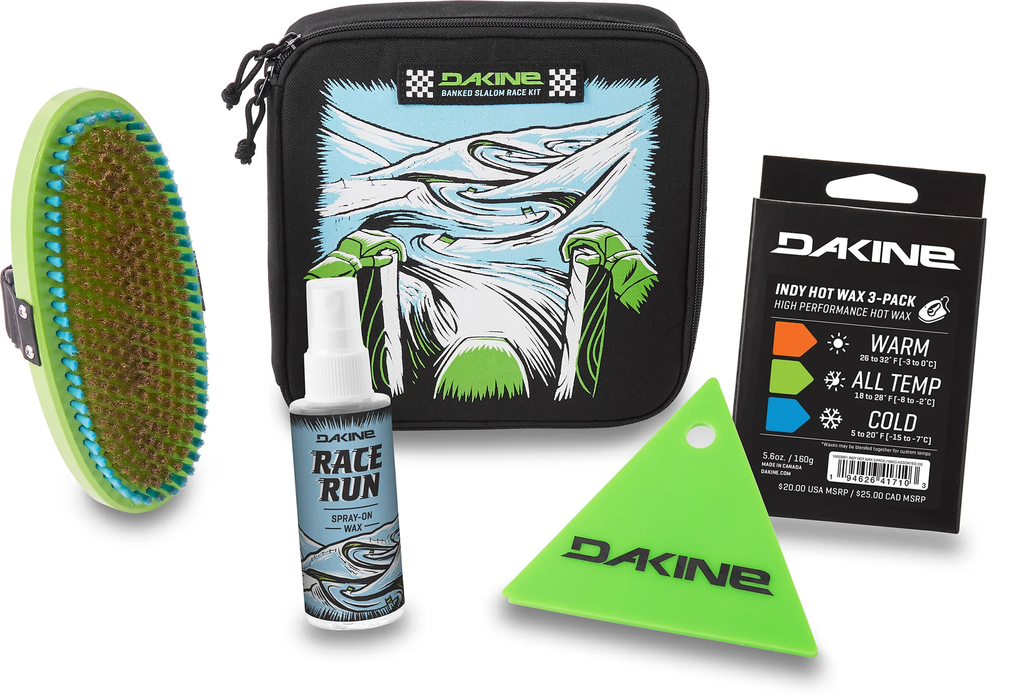 Dakine ski maintenance kit with brush, spray bottle, and other tools on a white background