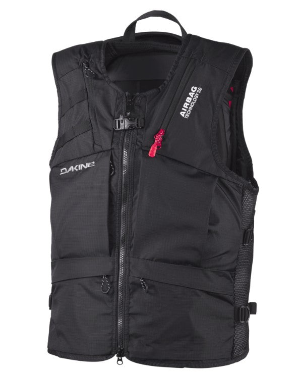 Black airbag vest with visible branding on a white background