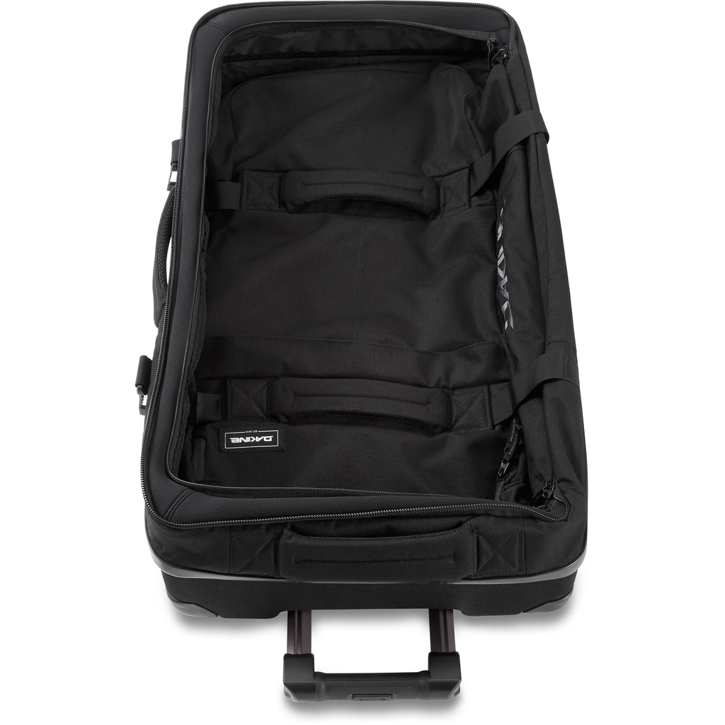 Black rolling suitcase with a visible brand logo on a white background