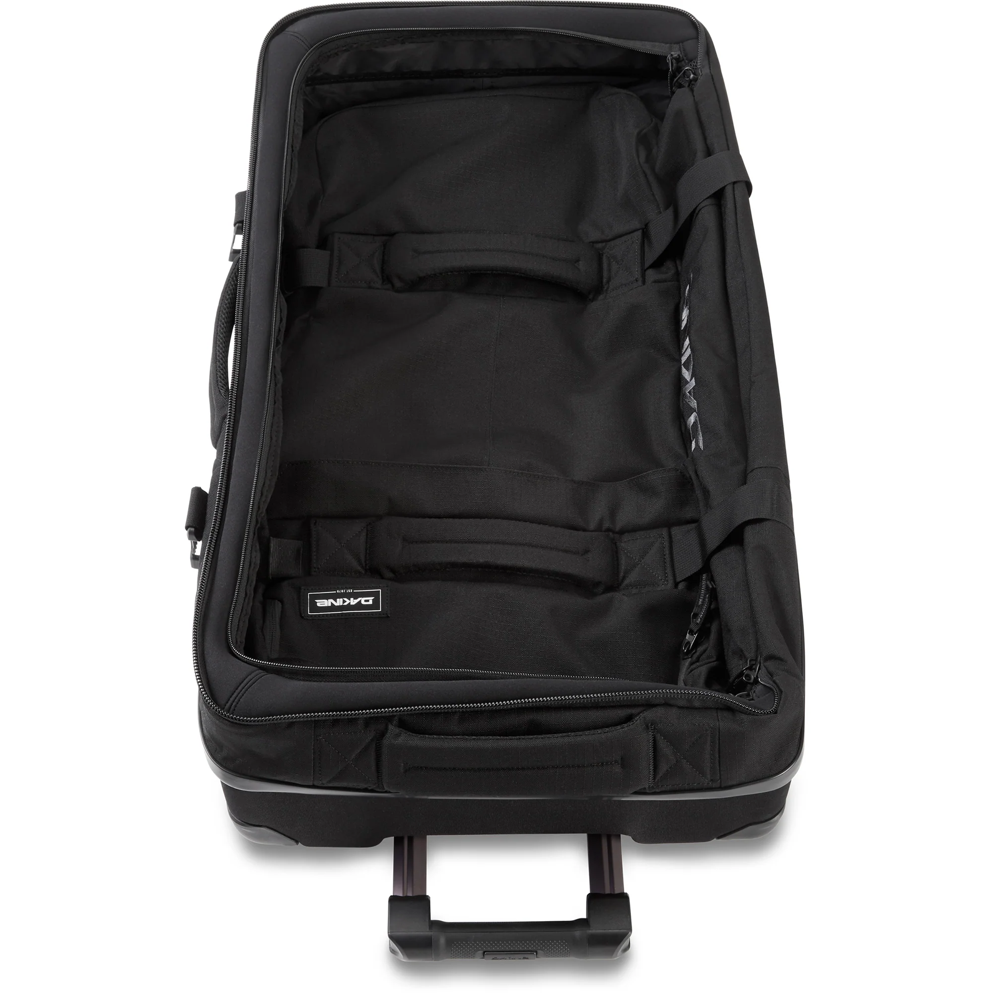 Black rolling suitcase with a visible brand logo on a white background