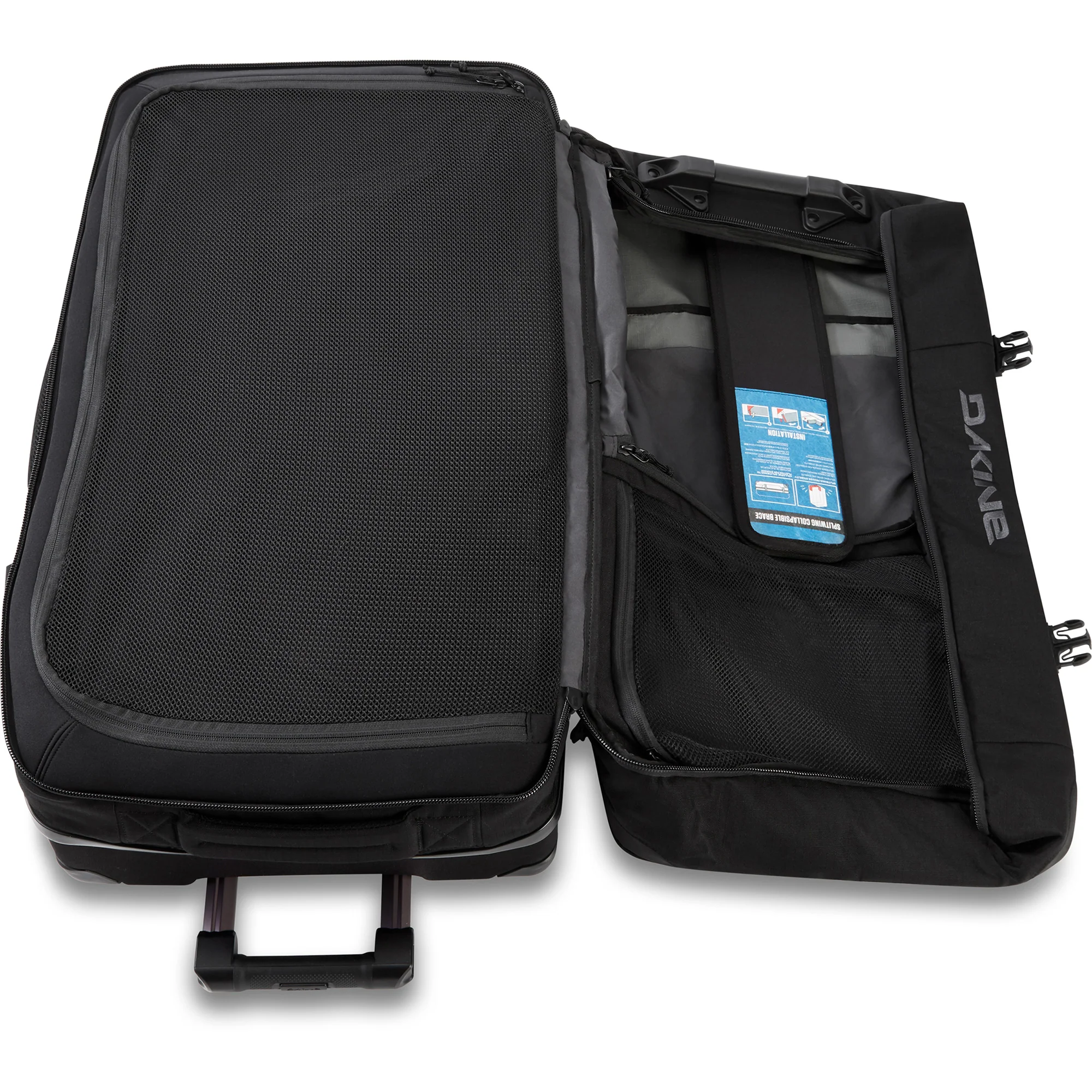 Black suitcase with open compartment showing a blue label on a white background