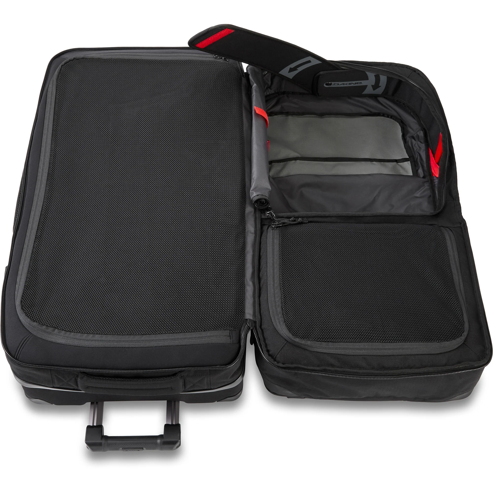 Black suitcase with open compartment on a white background