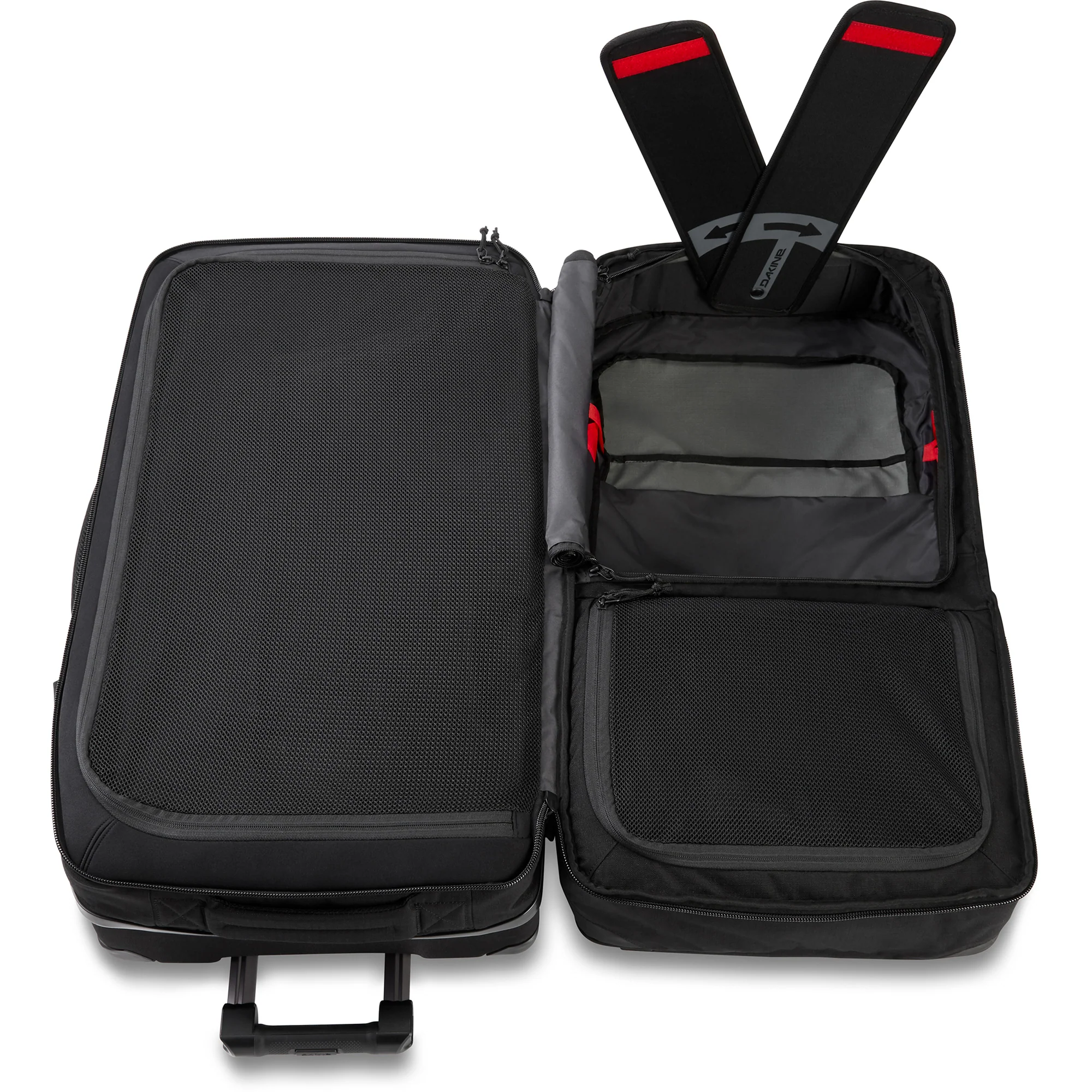 Black suitcase with open compartment showing interior details on a white background