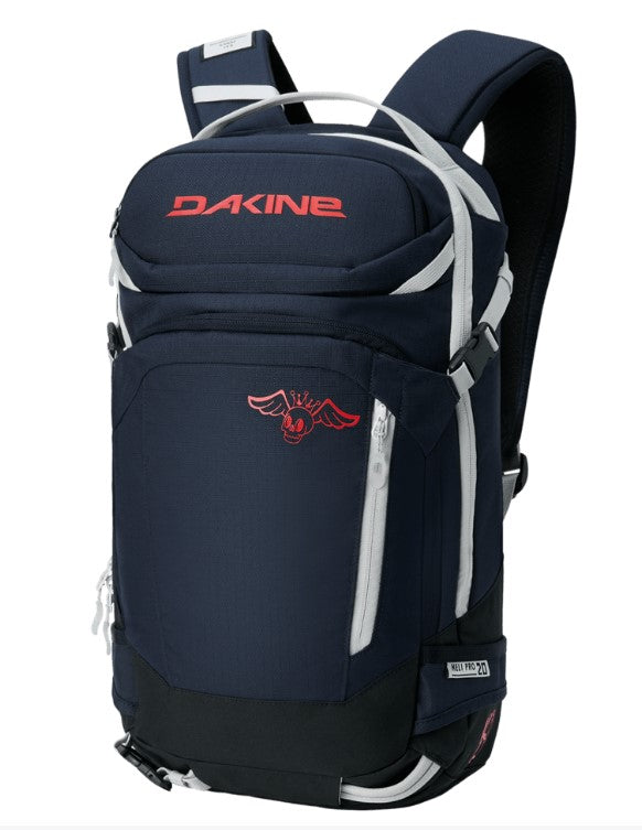 Navy blue backpack with red logo and 'Dakine' branding on a white background