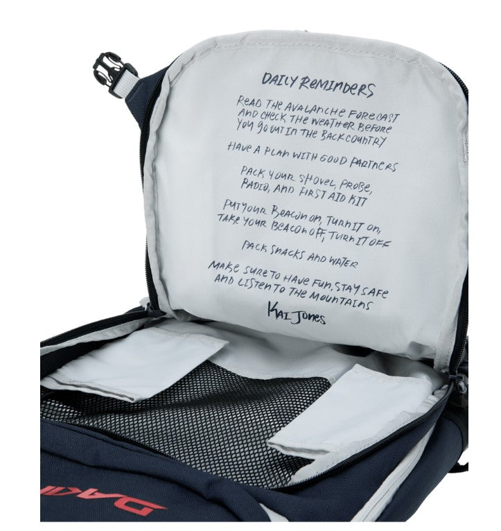 Backpack with daily reminders written on the back panel, featuring the brand 'Kai Jones'.