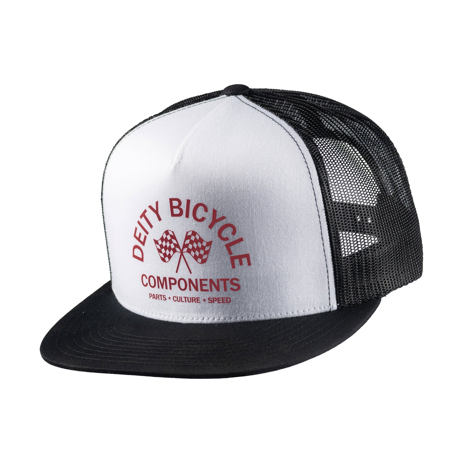 A black and white trucker hat with a white front panel and black mesh back, featuring a red 'Deity Bicycle Components' logo on the front, set against a plain white background.